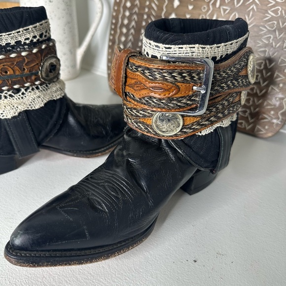 Abilene Boho Western Ankle Boots Black Brown Leather Belted Cowgirl Women’s 8.5 - Picture 7 of 10